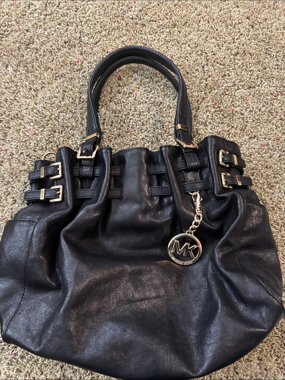 Michael Kors Edie Black Pebbled Leather Shoulder Bag Tote Gold Buckle Charm NWT